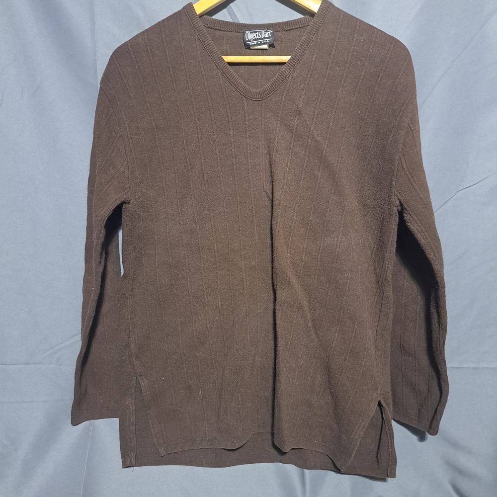 VTG Objects D'art LARGE V Neck Ribbed Sweater‎ Long Sleeve Brown Made In USA